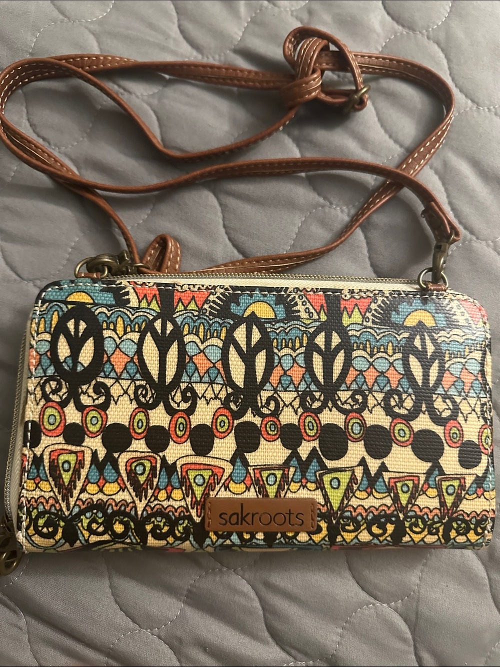 Sakroots Multicolor Tribal Print Crossbody Wallet — Tan Strap